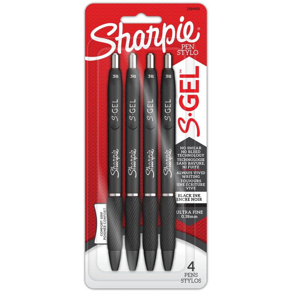Sharpie S-Gel, Gel Pens, Ultra Fine Point (0.38 mm), Black, 4 Count