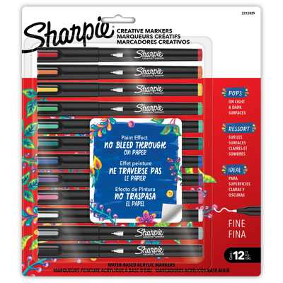 Marqueurs Créatifs Sharpie, Marqueurs de Peinture Acrylique à Base d'Eau, Pointe Fine, Assortiment, 12 Comptes