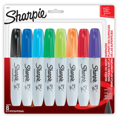 Marqueurs permanents Sharpie, pointe biseautée, couleurs assorties, 8 unités