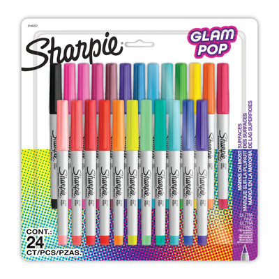 Marqueurs Permanents Sharpie Glam Pop, Pointe Ultra-Fine, Couleurs Variées, Paquet de 24