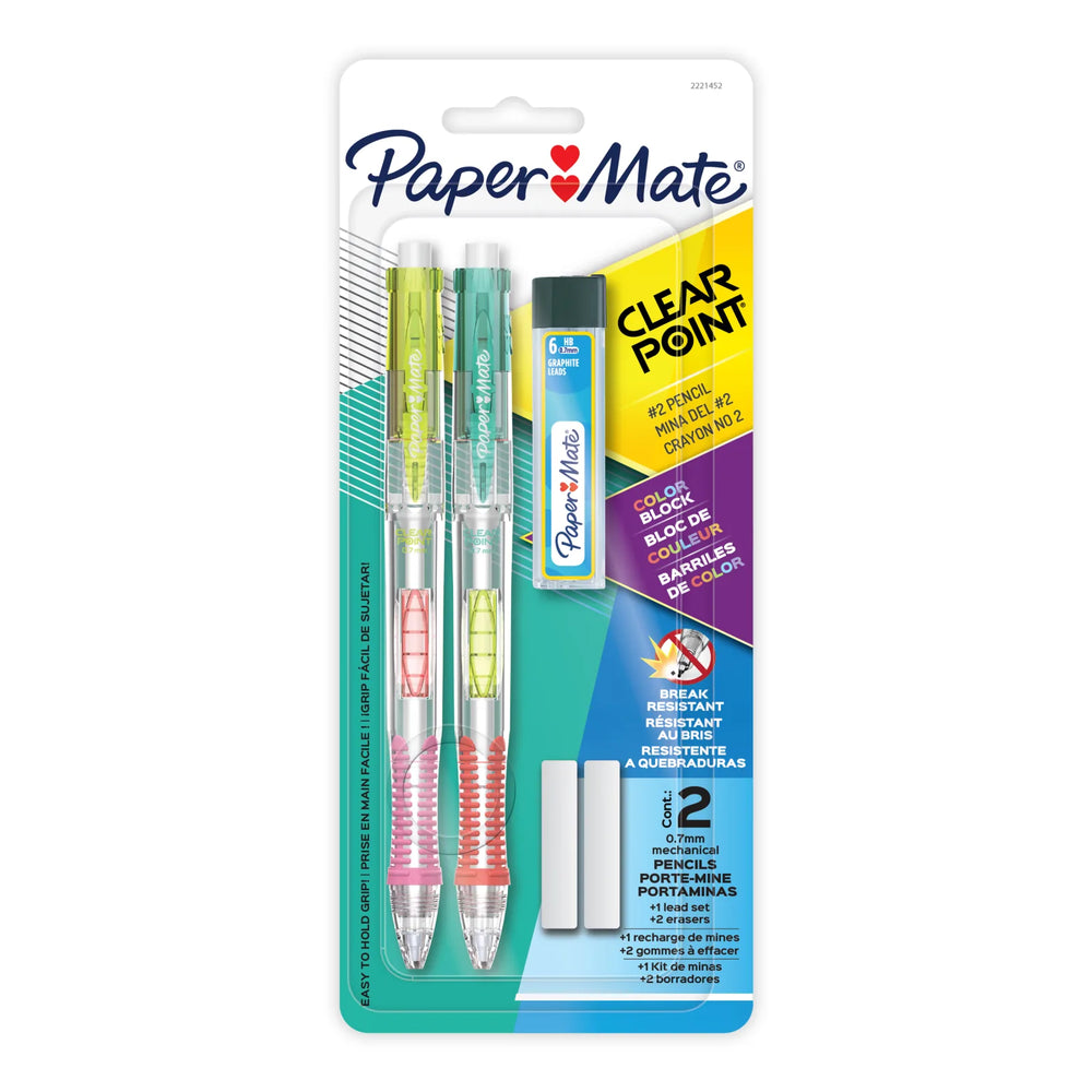 Paper Mate Clearpoint Mechanical Pencil, Break-Resistant, Colour Block Edition, HB #2 Lead (0.7mm), Includes Eraser and 