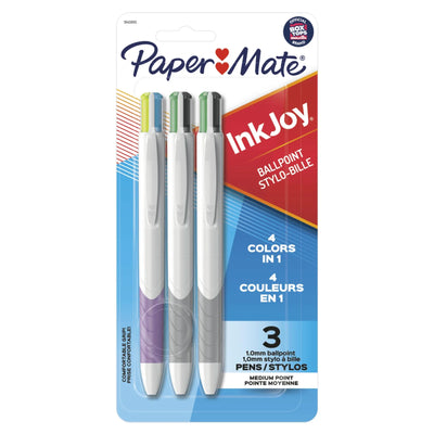 Stylos rétractables Paper Mate InkJoy Quatro, pointe moyenne (1,0 mm), couleurs assorties, paquet de 3