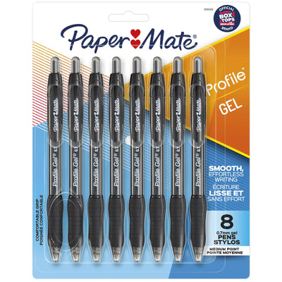 Stylos gel Paper Mate Profile Rétractables, pointe moyenne (0,7 mm), noir, 8 unités