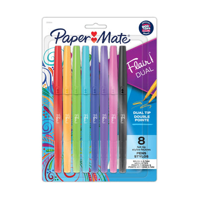 Stylos à pointe feutre DUAL Paper Mate Flair, pointes pinceau et moyenne, couleurs assorties, 8 unités