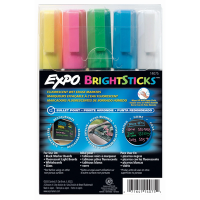 Marqueurs pour tableau blanc effaçables à l'eau Expo Bright Sticks, pointe biseautée, couleurs fluorescentes, assortis, 5 morceaux (14075)