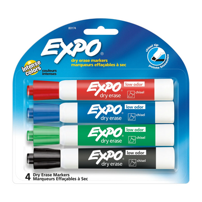 Marqueurs pour tableau blanc à faible odeur Expo, couleurs assorties, pointe biseautée, 4 morceaux (80174A)