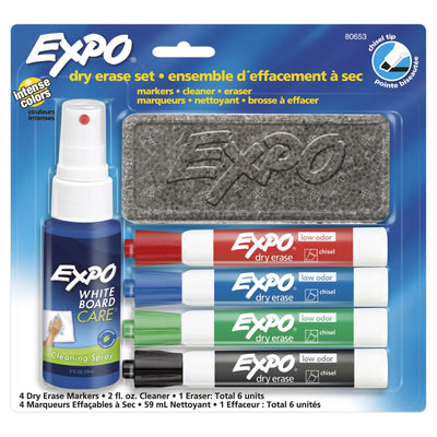 Ensemble de Marqueurs Effaçables à Sec EXPO, Pointe Biseautée, Couleurs Assorties, Gomme à effacer, Nettoyant en aérosol, 6 unités