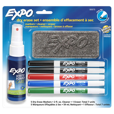 Ensemble de Marqueurs Effaçables à Sec EXPO, Pointe Fine, Couleurs Assorties, Gomme à effacer, Nettoyant en aérosol, 7 pièces