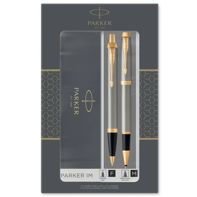Ensemble-cadeau Duo Parker IM avec stylo à bille et stylo roller | Métal brossé avec garniture dorée | Recharge d'encre noire et cartouche | Boîte-cadeau