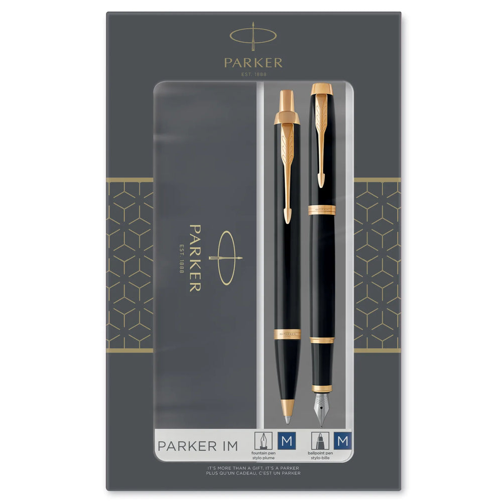 Parker IM Duo Gift Set with Ballpoint Pen & Fountain Pen | Gloss Black with Gold Trim | Blue Ink Refill & Cartridge | Gi