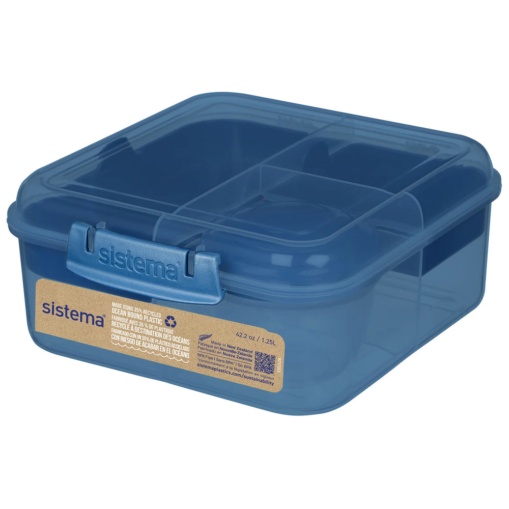 Sistema Ocean Bound Plastic Bento Box, Lunch Box with Yogurt/Fruit Container, 1.25 L, Assorted Colours (Varies by Pack)