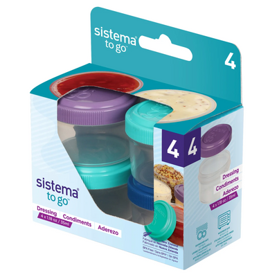 Contenants à vinaigrette Sistema To Go, 35 mL, couvercles de couleurs assorties, 4 pièces (2147053)