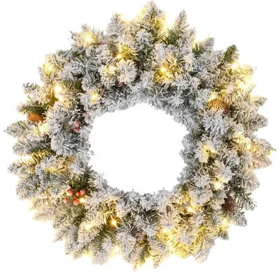 Couronne de Noël floquée de 24 pouces avec lumières – Décoration des Fêtes pin vert et baies (Livraison aux États-Unis et au Canada seulement)