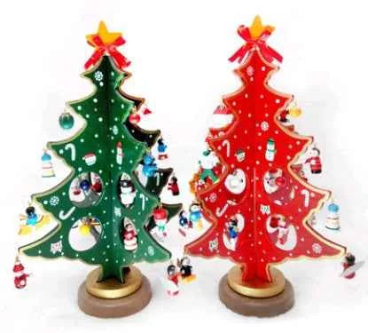 Creative Wooden Christmas Tree Desktop Decoration – 3D Tabletop Holiday Decor, Red & Green