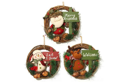Couronne de Noël avec poupée en peluche - Décoration de porte suspendue rustique en rotin pour le temps des Fêtes
