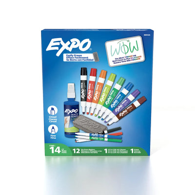 Ensemble de marqueurs effaçables à sec Expo, pointe fine et biseautée, couleurs assorties, effaceur, nettoyant en vaporisateur, 14 pièces (80054A)