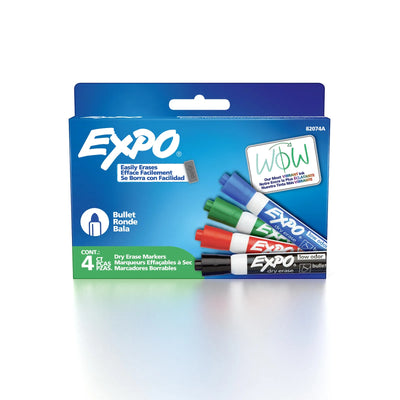 Expo Dry Erase Markers, Low Odour Ink, Assorted Colours, Bullet Tip, 4 Count (82074A)
