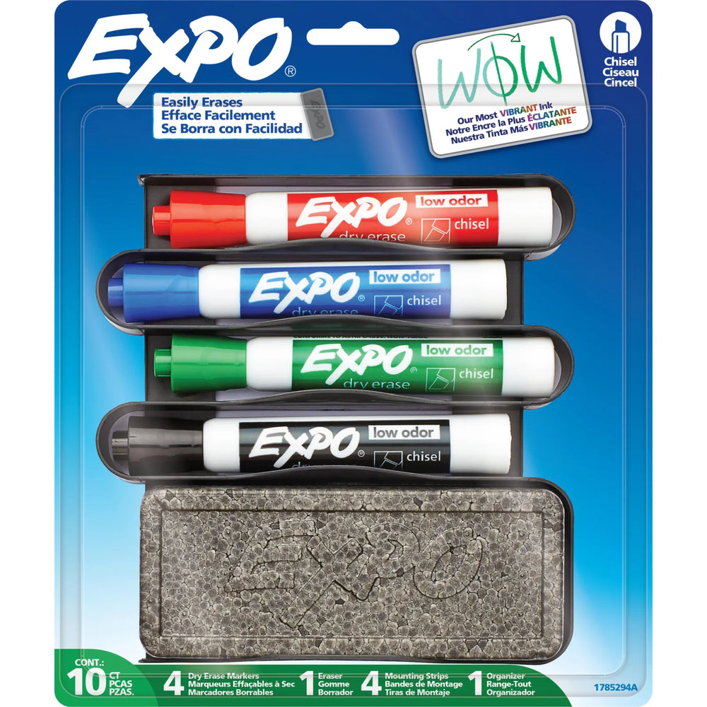 EXPO Dry Erase Markers Kit, Chisel Tip, Assorted Colours, Eraser, Mountable Organizer with Mounting Strips, 10 Count