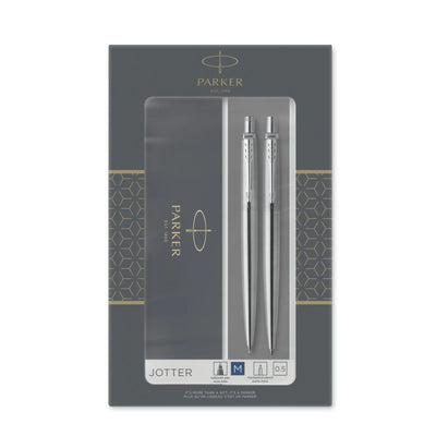 Parker Jotter Duo Gift Set Ballpoint Pen Mechanical Pencil 0.5mm Stainless Steel Chrome Trim Blue Ink Refill (2093256)