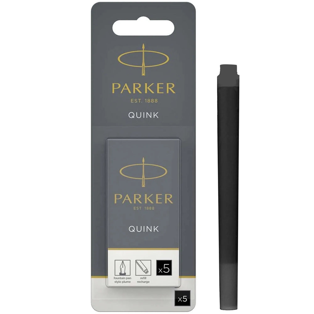 Parker Fountain Pen Ink Refill Cartridges, Long, Black QUINK Ink, 5 Count