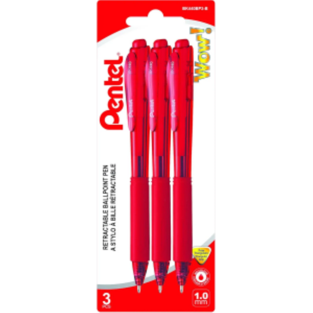 Wow! Retractable Ballpoint Pen, (1.0mm) Medium Tip, Red Ink, 3PC Pack