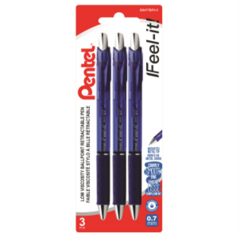 Feel-It! Retractable Ballpoint Pen, (0.7mm), Blue Ink, 3PC Pack