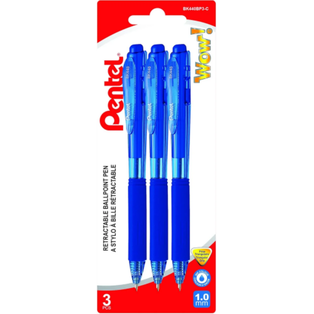 Wow! Retractable Ballpoint Pen, (1.0mm) Medium Tip, Blue Ink, 3PC Pack