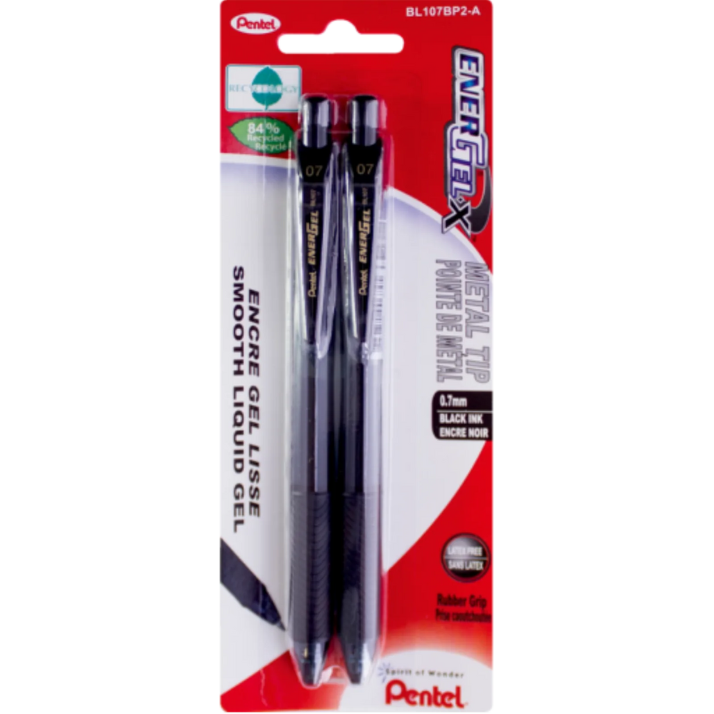 EnerGel-X Retractable Gel Roller, (0.7mm) Metal Tip, Black Ink, 2PC Pack