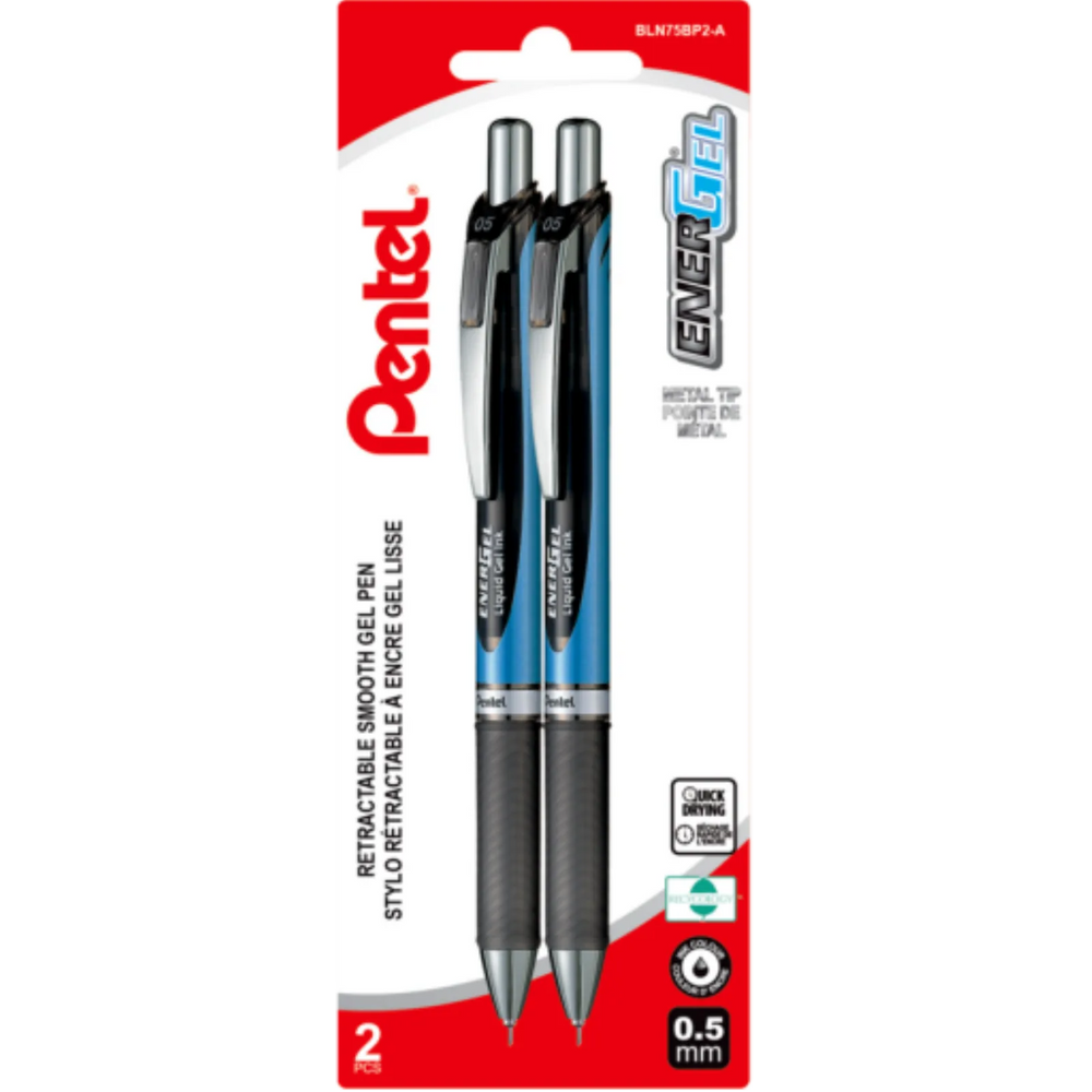 EnerGel Retractable Liquid Gel Pen, (0.5mm) Needle Tip, Black Ink, 2PC Pack
