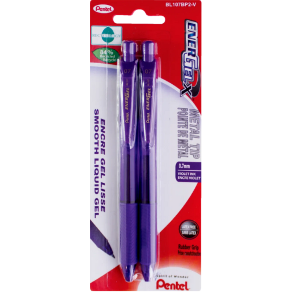EnerGel-X Retractable Gel Roller, (0.7mm) Metal Tip, Violet Ink, 2PC Pack
