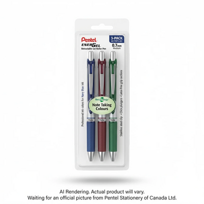 Pentel EnerGel Retractable Gel Roller 0.7mm Metal Tip 3PC Pack Assorted Note Taking Colours (BL77BP3-M2)