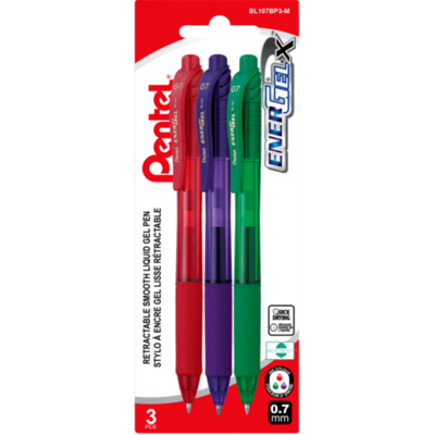 Pentel EnerGel-X Retractable Gel Roller 0.7mm Metal Tip Blister 3PC Pack Assorted (BL107BP3-M)