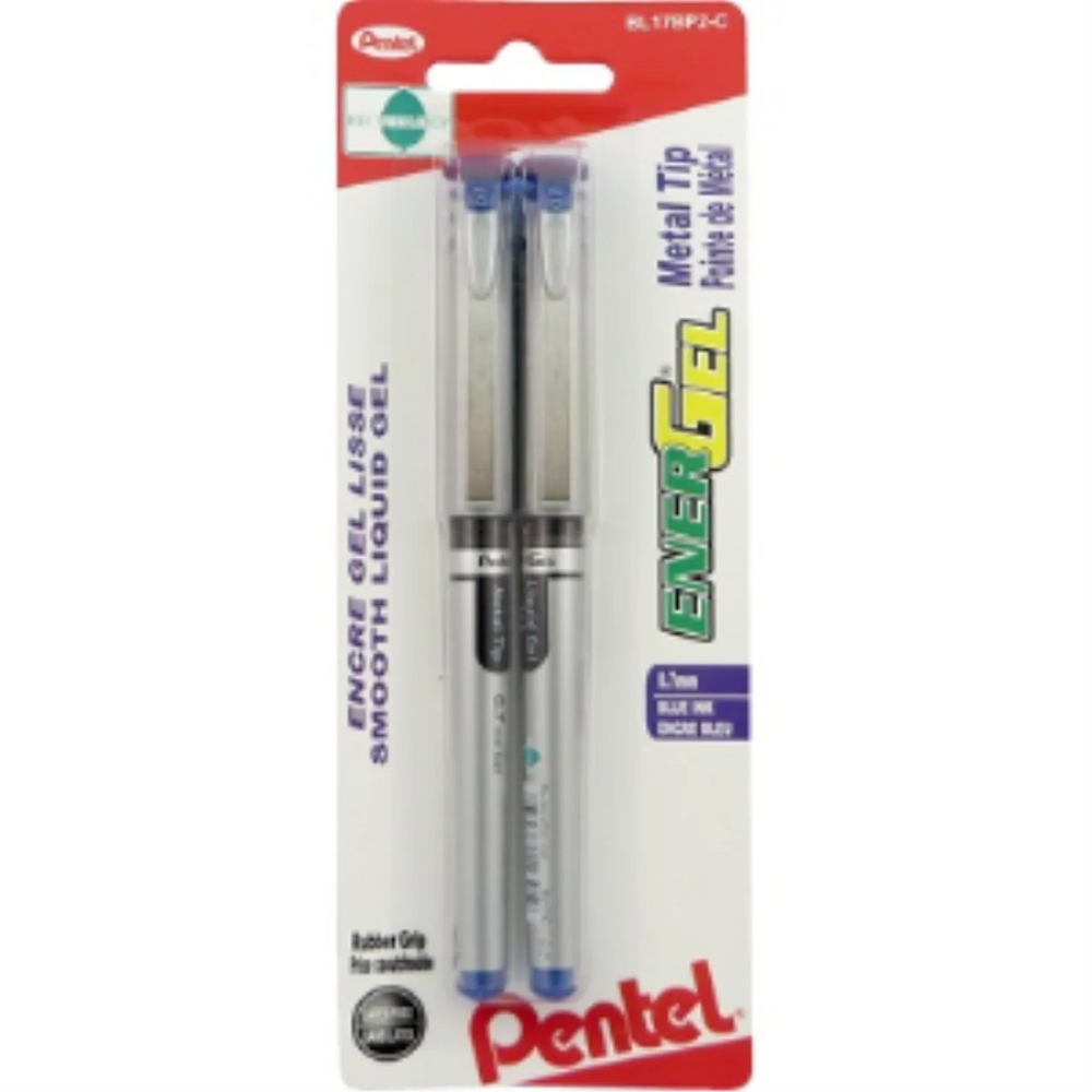 EnerGel Liquid Gel Pen, (0.7mm) Metal Tip, Capped, Blue Ink, 2PC Pack