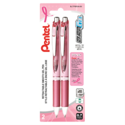 Pentel EnerGel Retractable Gel Roller 0.7mm Metal Tip Pink Ribbon Barrel Black Ink 2PC Pack (BL77PBP2A-BC)