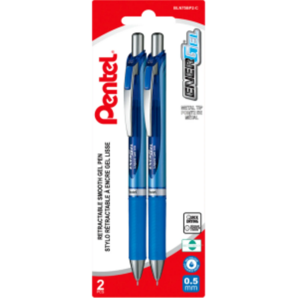 EnerGel Retractable Liquid Gel Pen, (0.5mm) Needle Tip, Blue Ink, 2PC Pack