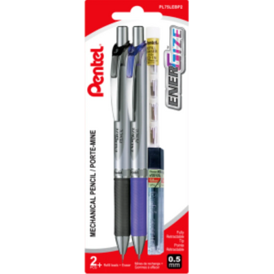Pentel EnerGize Retractable Mechanical Pencil 0.5mm 2 Pack with Lead and Erasers (PL75LEBP2)