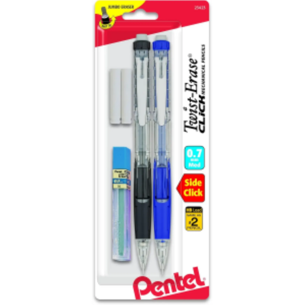 Twist-Erase Click Mechanical Pencil, (0.7mm) Clear Barrel, Assorted Grip Colours
with Leads and Erasers, 2PC Pack