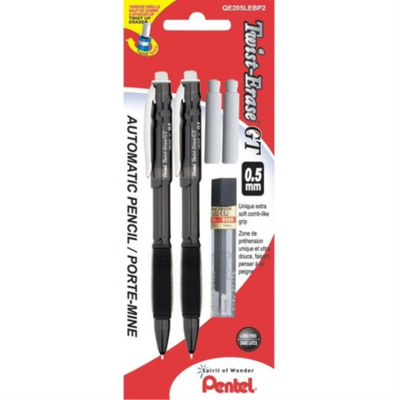 Pentel Twist-Erase GT 0.5mm Retractable Mechanical Pencils Assorted Colours 2PC Pack (QE205LEBP2)
