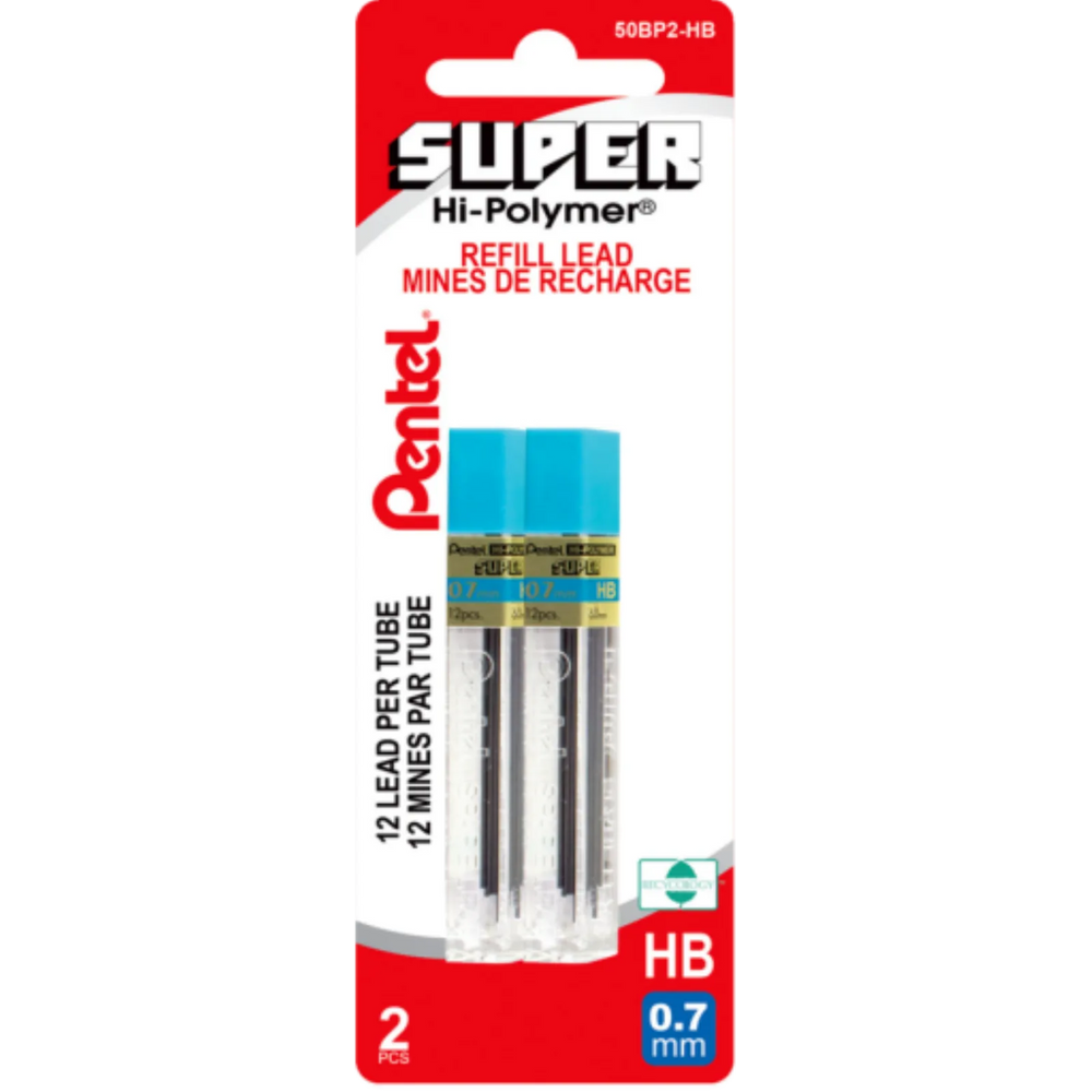Super Hi-Polymer Lead Refill (0.7mm), HB, 12 Leads per Tube, 2PC Pack