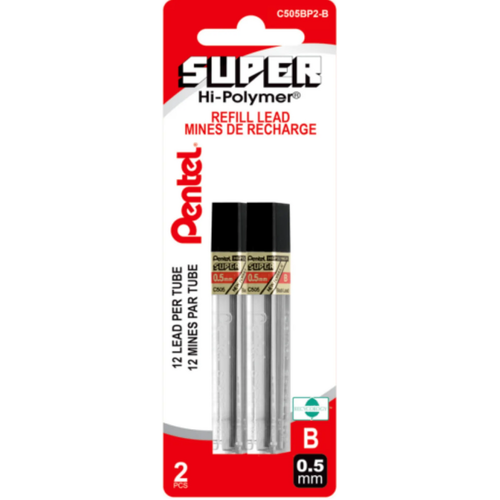 Hi-Polymer Super Lead Refill (0.5mm), B, 12 Leads per Tube, 2PC Pack