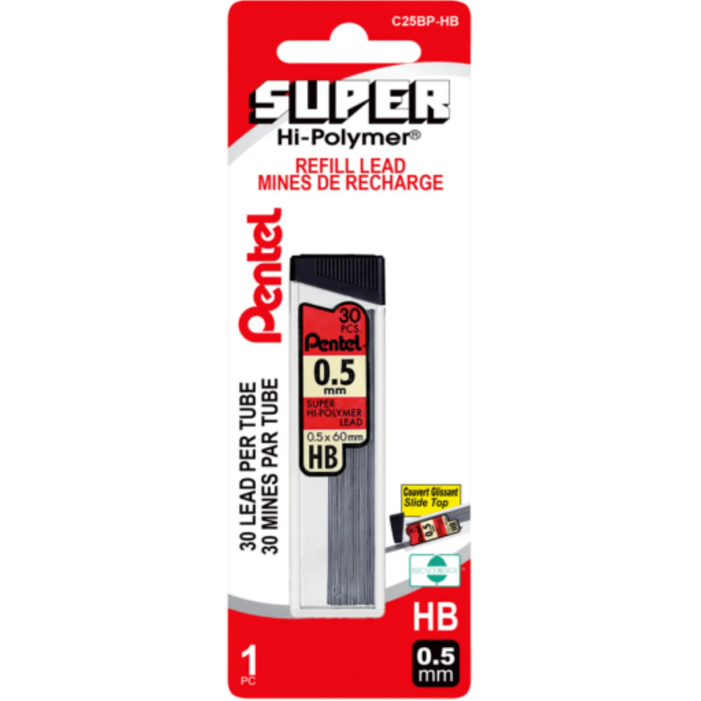 Super Hi-Polymer Lead Refill, 30 Leads Per Tube, HB, 0.5mm, 1PC Pack