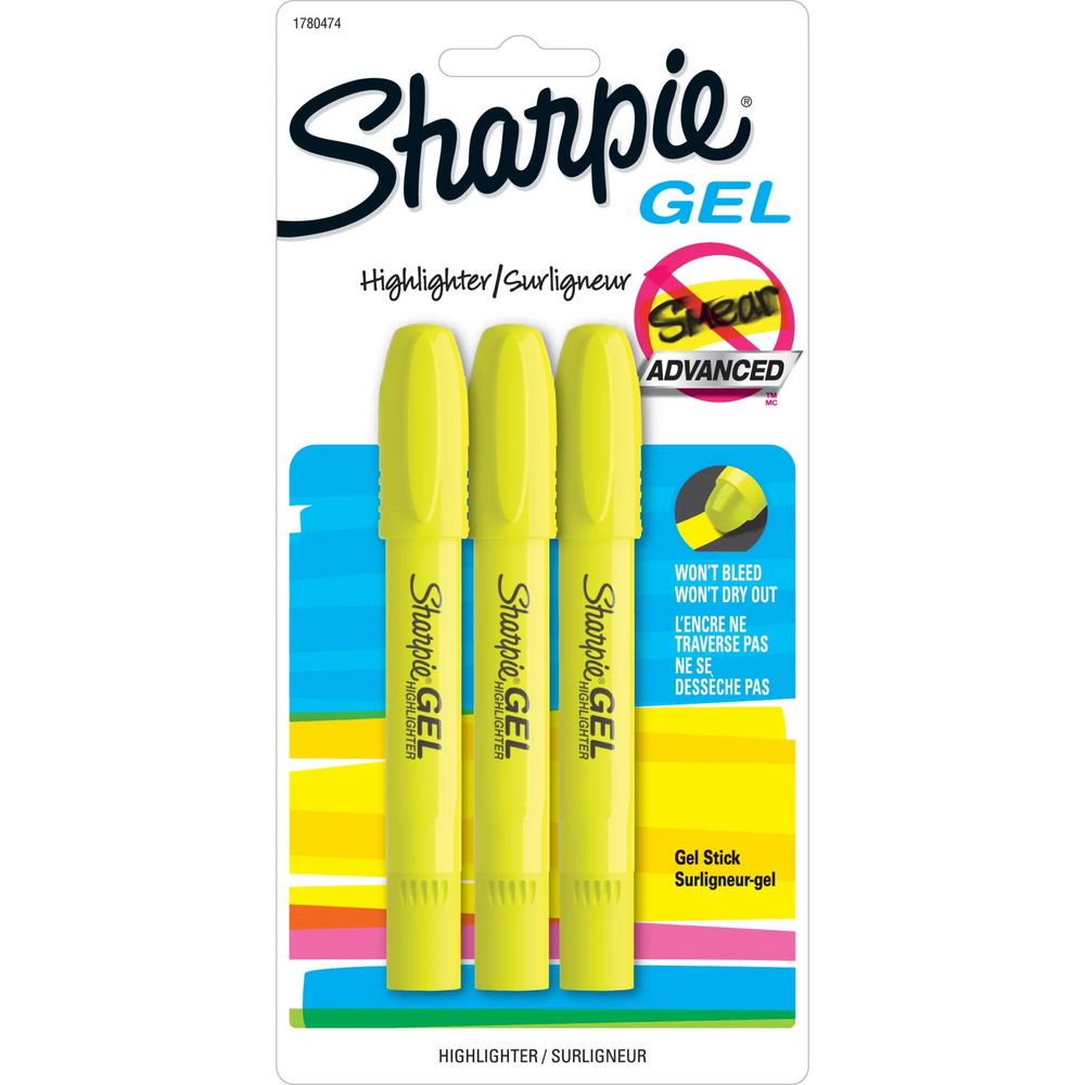 Sharpie Gel Highlighters, Bullet Tip, Yellow, 3 Count