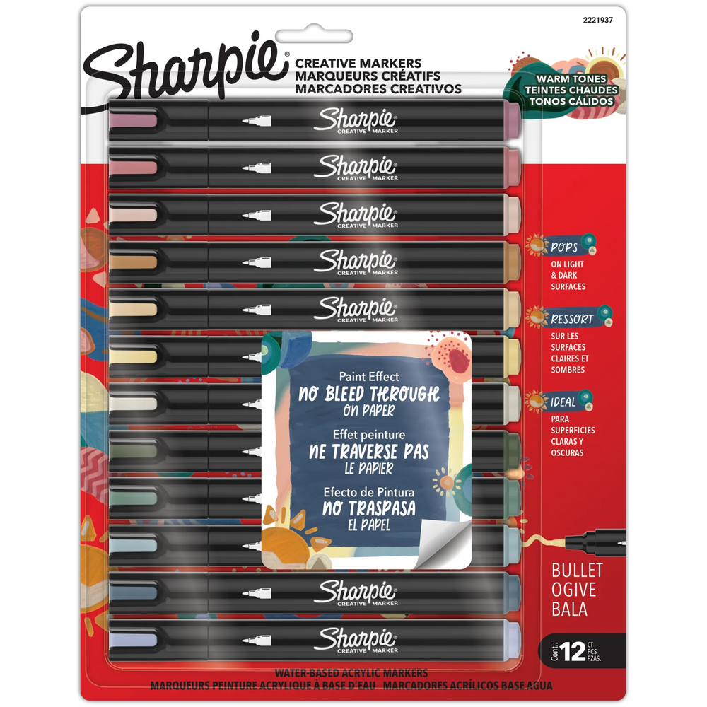 Sharpie Creative Markers, Warm Tones, Water-Based Acrylic Markers, Bullet Tip, Assorted Colours, 12 Count