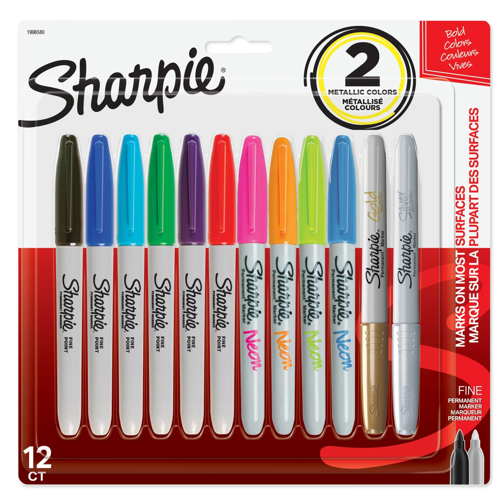 Sharpie Permanent Markers, Fine Point, Assorted Colours, 12 Count