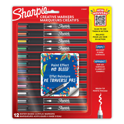 Sharpie Creative Water-Based Acrylic Markers, Brush Tip, Assorted Colours, 12 Count (2196907)
