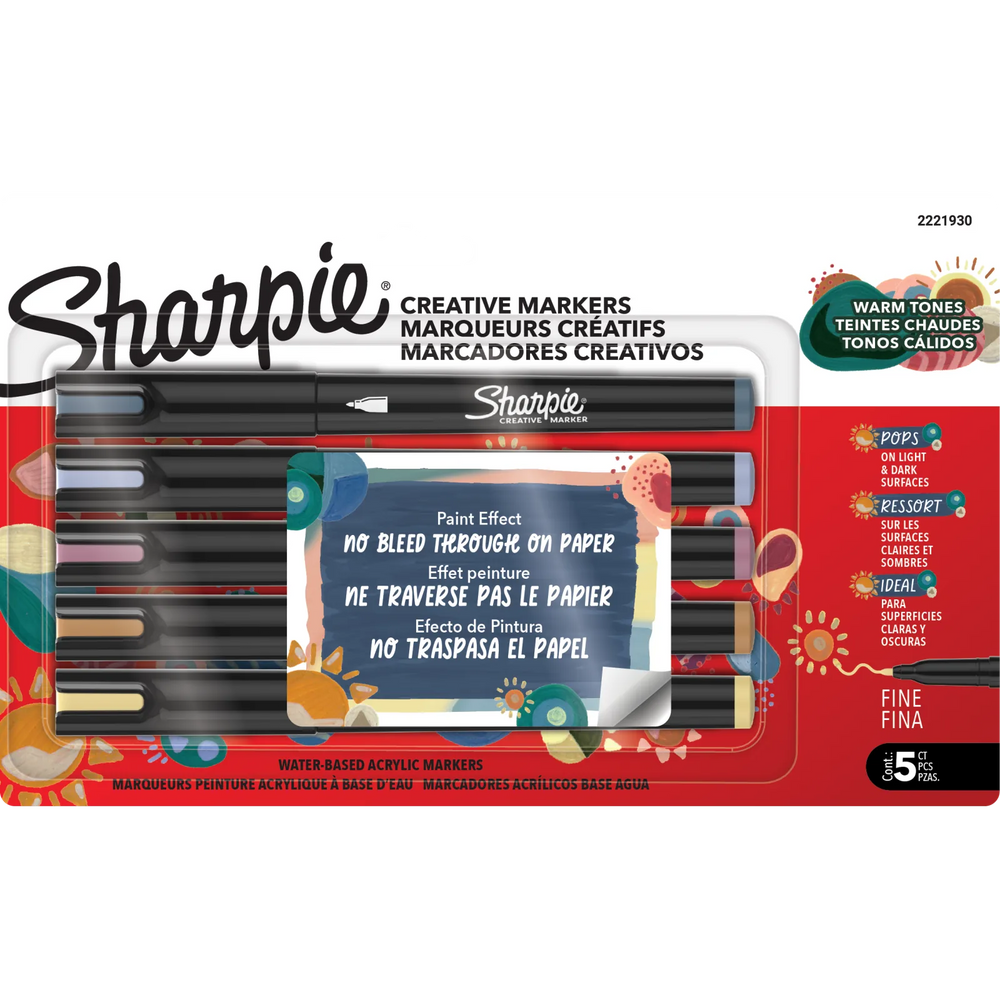 Sharpie Creative Markers, Warm Tones, Water-Based Acrylic Markers, Fine Tip, Assorted Colours, 5 Count