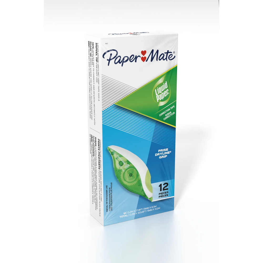 Paper Mate Liquid Paper DryLine Grip Correction Tapes, Green Dispensers, 12 Count