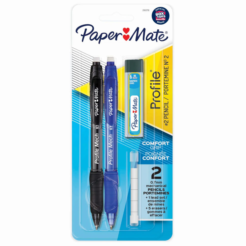 Paper Mate Profile Mech Mechanical Pencil Set, 0.7 mm #2 Pencil Lead, Includes Lead Refill and Eraser Refills, Assorted 