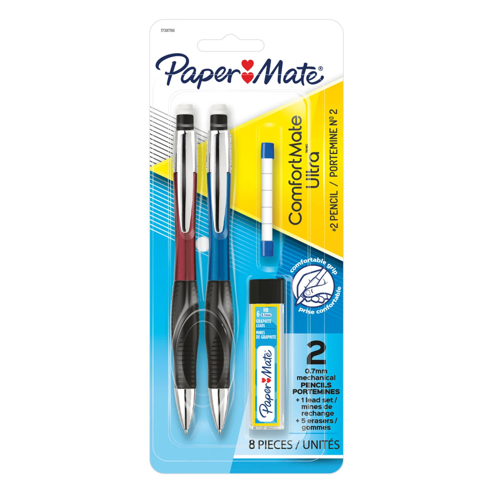Paper Mate Comfort Mate Ultra Mechanical Pencils, HB #2 Lead (0.7 mm), Assorted Colours, 2 Pencils, 1 Lead Refill Set, 5