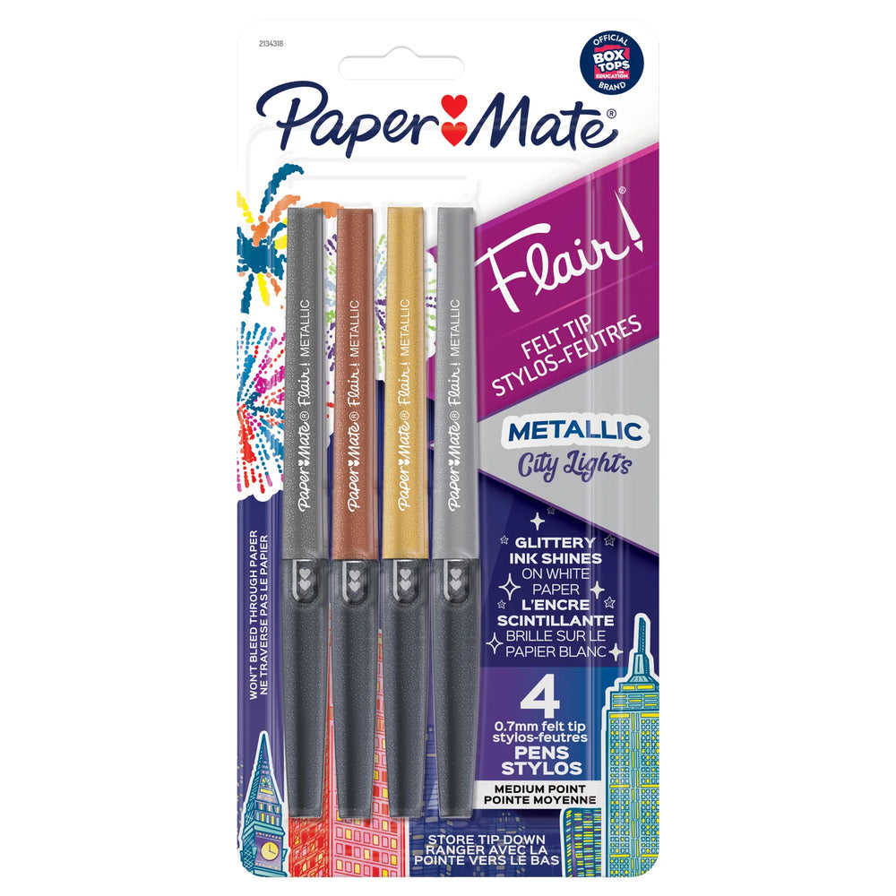 Paper Mate Flair Pens, Metallic Felt Tip Pens, City Lights, Glittery Ink Shines on White Paper, Assorted Colours, 4 Coun